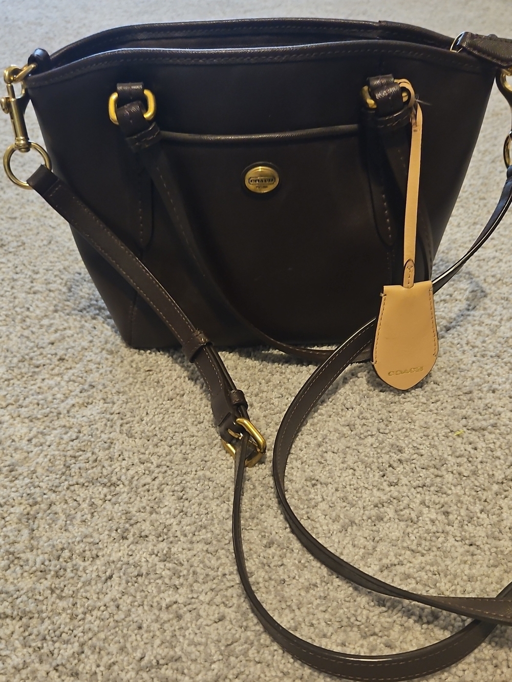 Coach Dark Brown Leather Crossbody with Tan Luggage Tag and Gold Hardware